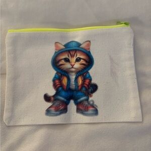 Cat Print Pouch with Yellow Zipper
